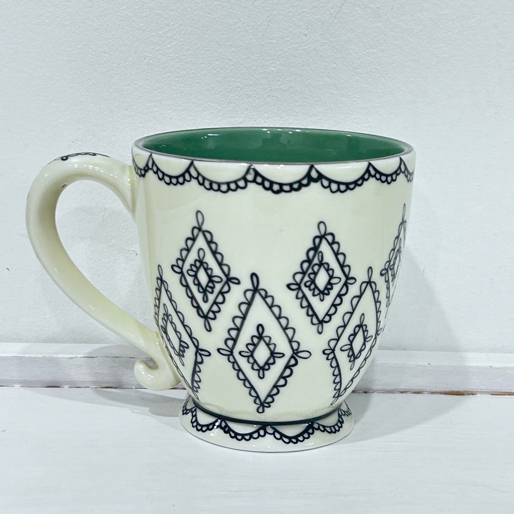 Vintage Starbucks 2002 Barista Footed Black Lace Diamonds Cream/Green Coffee Mug
